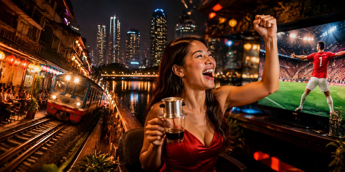 Người dùng Hà Nội theo dõi kèo thể thao và đặt cược qua điện thoại tại quán cà phê