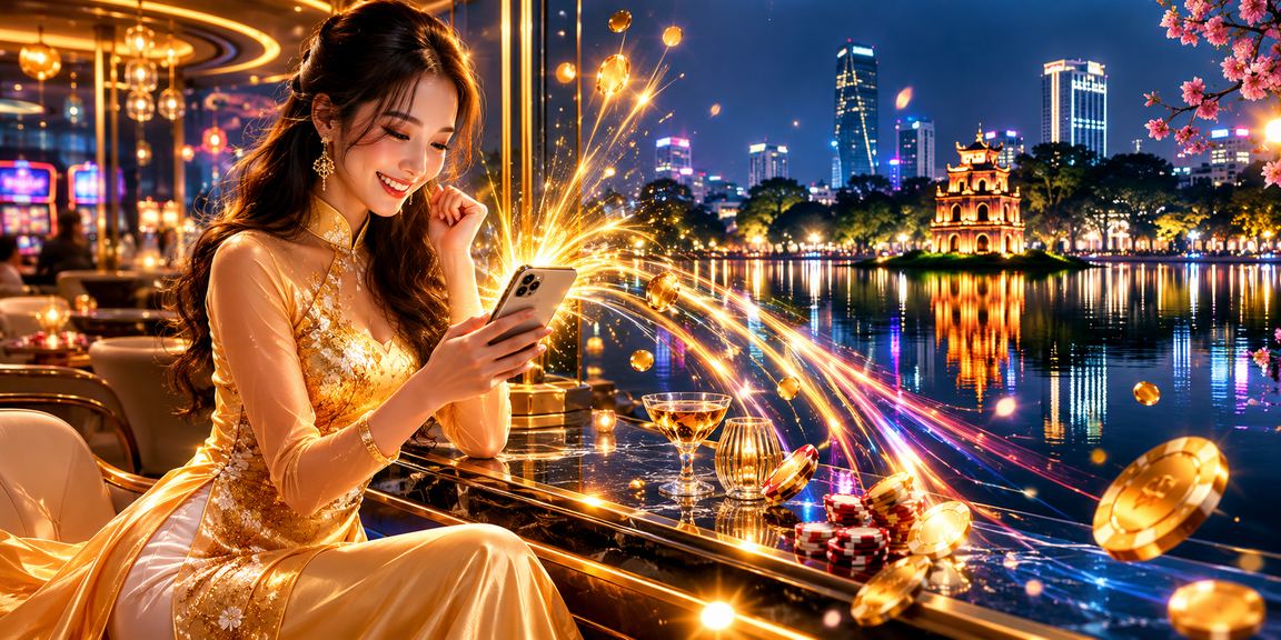 Người phụ nữ mặc áo dài Hà Nội sử dụng điện thoại để truy cập casino trực tuyến